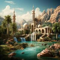 Muslim mosque and waterfall, Illustration AI Generative photo