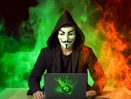 hacker using computer. Concept of dark web, cybercrime, cyberattack. image photo