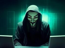 hacker using computer. Concept of dark web, cybercrime, cyberattack. image photo