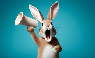 Rabbit announcing using hand speaker. Notifying, warning, announcement. photo