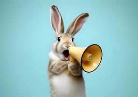 Rabbit announcing using hand speaker. Notifying, warning, announcement. photo