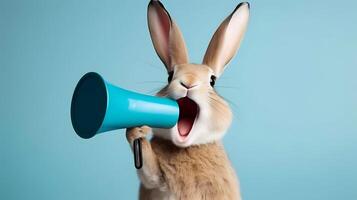 Rabbit announcing using hand speaker. Notifying, warning, announcement. photo