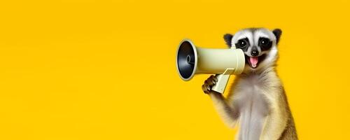 Meerkat announcing using hand speaker. Notifying, warning, announcement. photo