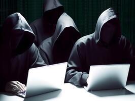 Hackers with hoodies. Hacker group, organization or association. photo