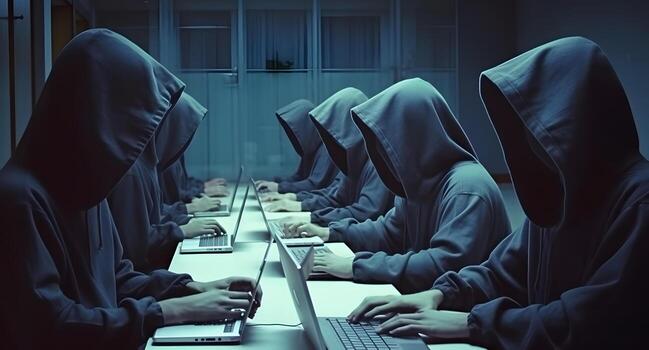 Hackers with hoodies. Hacker group, organization or association. photo