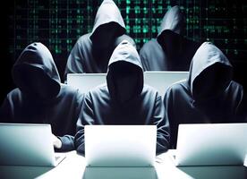 Hackers with hoodies. Hacker group, organization or association. photo
