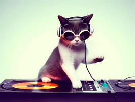 Pet cat with dj mixer. Playing electro dance music. . photo