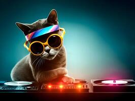 Pet cat with dj mixer. Playing electro dance music. . photo