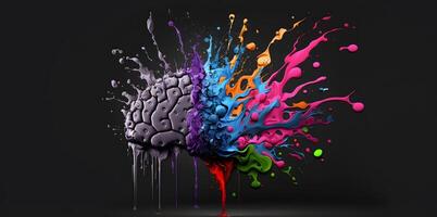 Human brain, colorful paint splashes and drops. photo