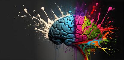 Human brain, colorful paint splashes and drops. photo