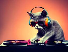 Pet cat with dj mixer. Playing electro dance music. . photo