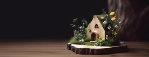 Tiny wooden house with plants. Miniature house. photo