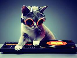 Pet cat with dj mixer. Playing electro dance music. . photo