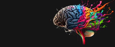 Human brain, colorful paint splashes and drops. photo