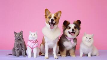 mascota gatos y perros grupo en neutral rosado antecedentes. ai generado foto