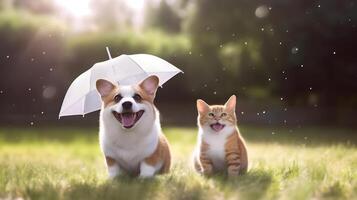 Pet cat and dog on grasses during rain. Pets friendship. photo