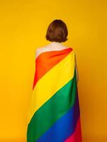 Girl wearing rainbow flag. Concept of LGBT pride. . photo