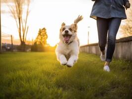 Happy pet dog and owner running on grasses during sunset. photo