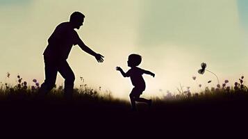 padre y su niño a puesta de sol. concepto de contento padre día. ai generado foto