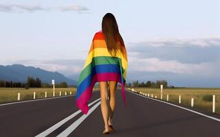 Girl wearing rainbow color dress on the road. photo