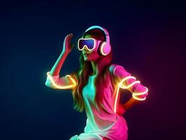 Young woman with neon lights wearing VR glasses. photo