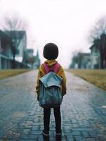 niño con impermeable y mochila. concepto de espalda a escuela. ai generado foto