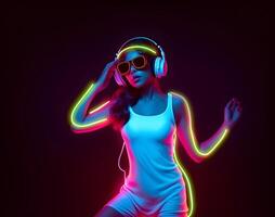 Young woman with VR glasses dancing. photo