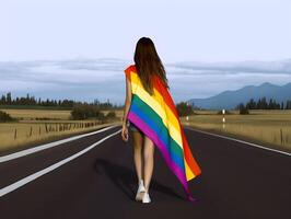 niña vistiendo arco iris color vestir en el la carretera. ai generado foto
