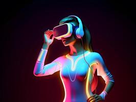 joven mujer con neón luces vistiendo vr lentes. ai generado foto