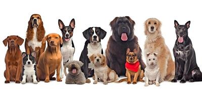 Different types and sizes of dogs group with clothing. . photo