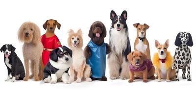 Different types and sizes of dogs group with clothing. . photo