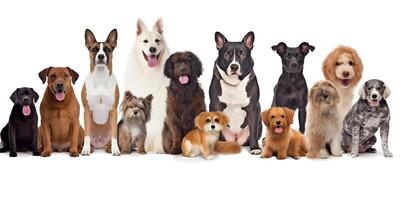 Different types and sizes of dogs group with clothing. . photo