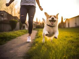 Happy pet dog and owner running on grasses during sunset. photo