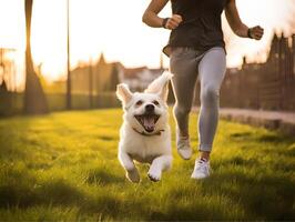 Happy pet dog and owner running on grasses during sunset. photo