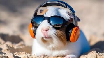 Cute guinea pig with sunglasses and earphone. . photo