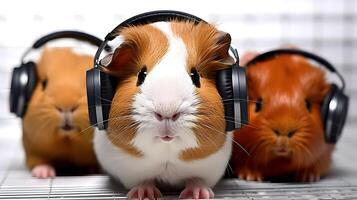 Small group of cute guinea pigs with earphones in studio. . photo