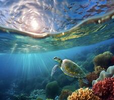 Sea turtle or marine turtle swimming in ocean. photo