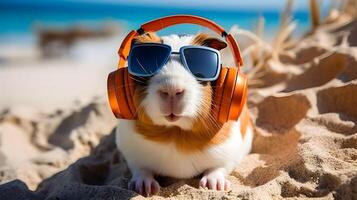 Cute guinea pig with sunglasses and earphone. . photo