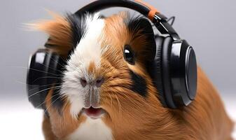 Cute guinea pig with sunglasses and earphone. . photo