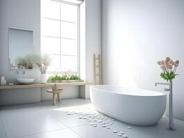 Modern bathroom design. Decorated with green plants. photo