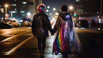 Pareja con arco iris de colores impermeable. ai generado foto