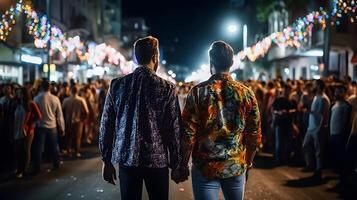 Men couple at night of pride parade. Concept of LGBT pride. photo