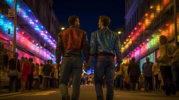 Men couple at night of pride parade. Concept of LGBT pride. photo