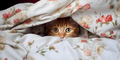 Cute kitten cat hidden under the blanket. photo