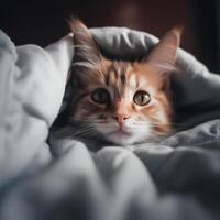 Cute kitten cat hidden under the blanket. photo