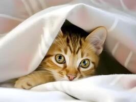 Cute kitten cat hidden under the blanket. photo