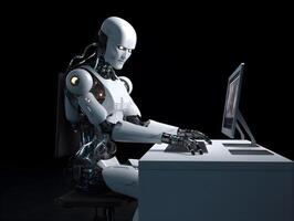 Futuristic robot using computer. photo