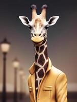 Giraffe wearing leather jacket. photo