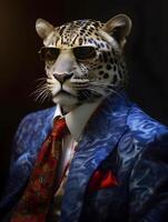 jefe leopardo con de moda traje abrigo. ai generado foto