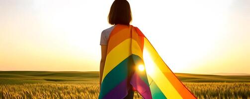 Girl wrapped in pride flag. Concept of LGBT pride. photo